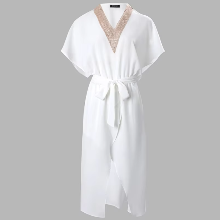 Livia | Women's White Wrap Midi Dress V-Neck Short Sleeve Belted Dress