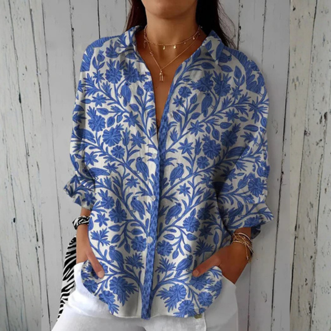 Astrid | Women's Floral Print Long Sleeve Blouse - Blue - Image 1