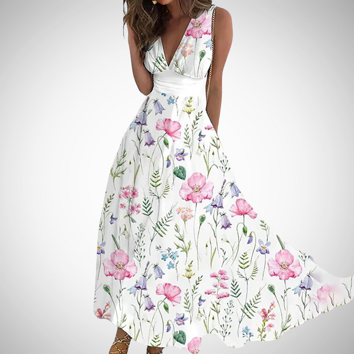 Iris | Women's Floral V-Neck Sleeveless Fit and Flare Maxi Dress