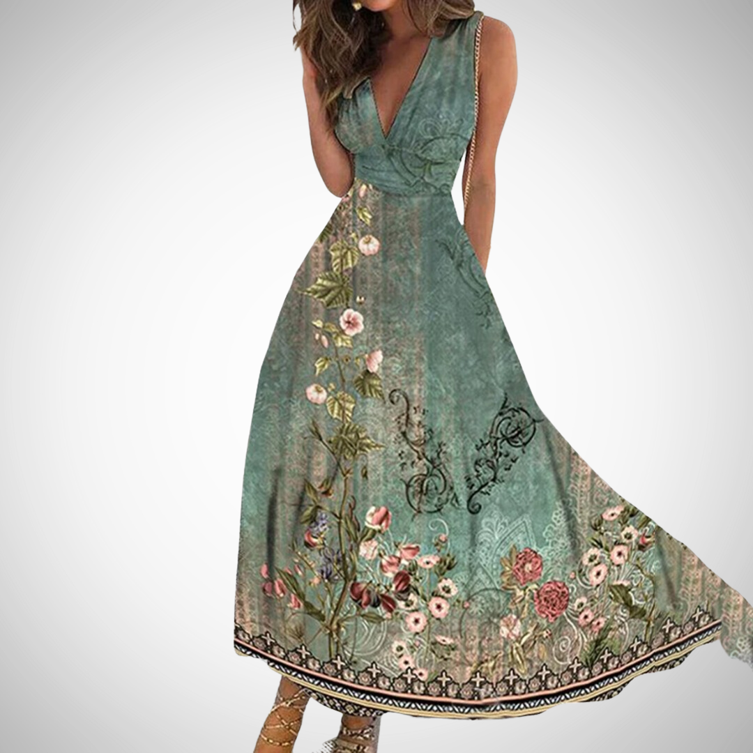 Iris | Women's Floral V-Neck Sleeveless Fit and Flare Maxi Dress