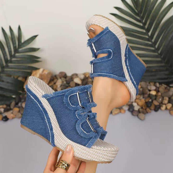 UrbanChic | Chunky Denim Buckle Wedge Sandals