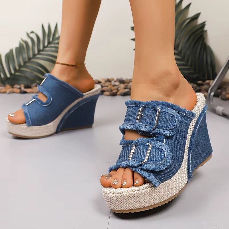UrbanChic | Chunky Denim Buckle Wedge Sandals