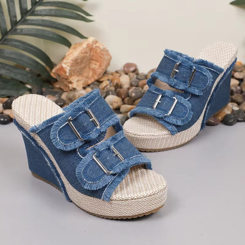 UrbanChic | Chunky Denim Buckle Wedge Sandals
