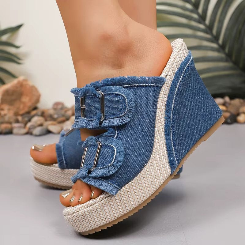 UrbanChic | Chunky Denim Buckle Wedge Sandals