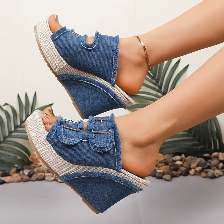 UrbanChic | Chunky Denim Buckle Wedge Sandals