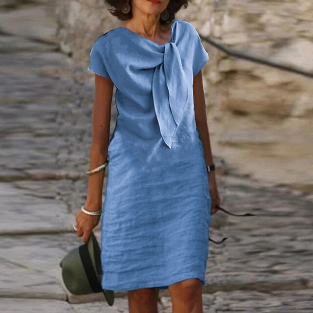 Nina | Women's Linen Blend Midi Dress with Draped Neckline Detail