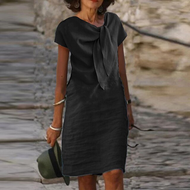 Nina | Women's Linen Blend Midi Dress with Draped Neckline Detail