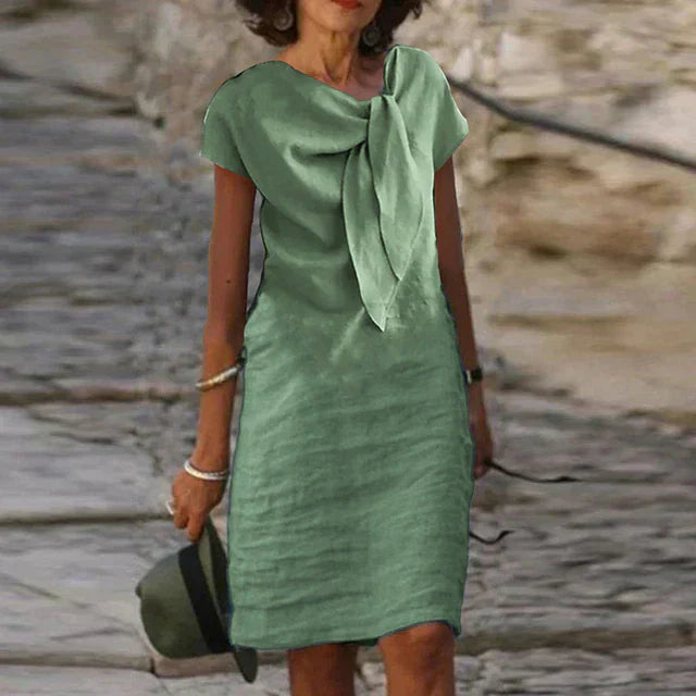 Nina | Women's Linen Blend Midi Dress with Draped Neckline Detail