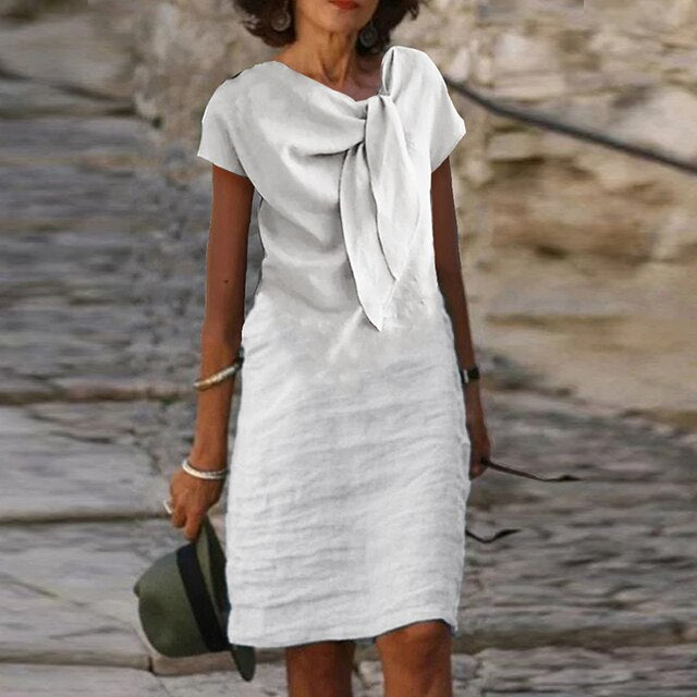 Nina | Women's Linen Blend Midi Dress with Draped Neckline Detail