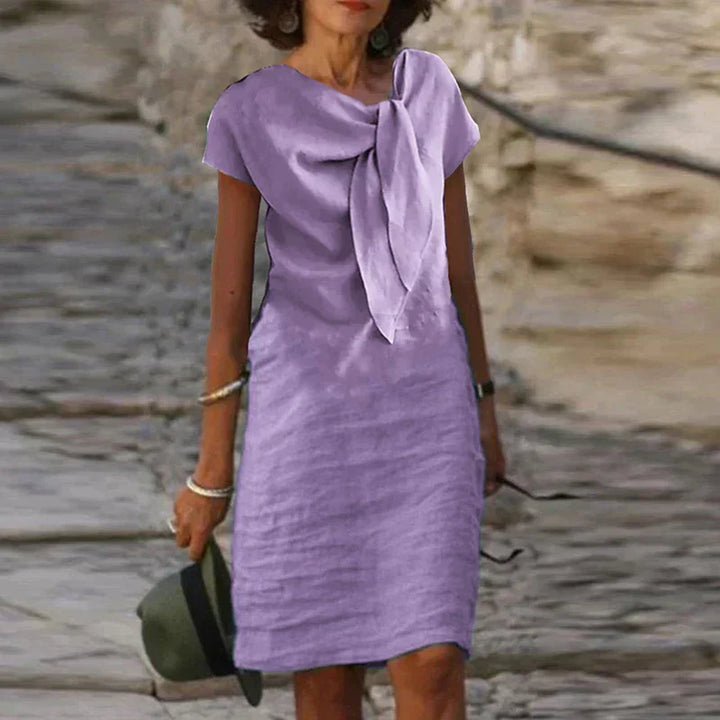 Nina | Women's Linen Blend Midi Dress with Draped Neckline Detail