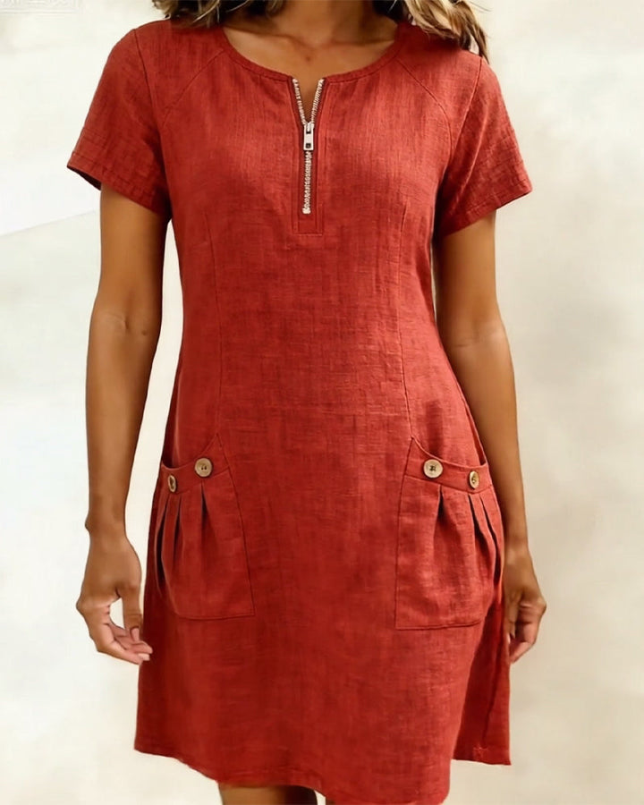 Pippa | Women's Linen Short Sleeve Zip Neck A-Line Mini Dress