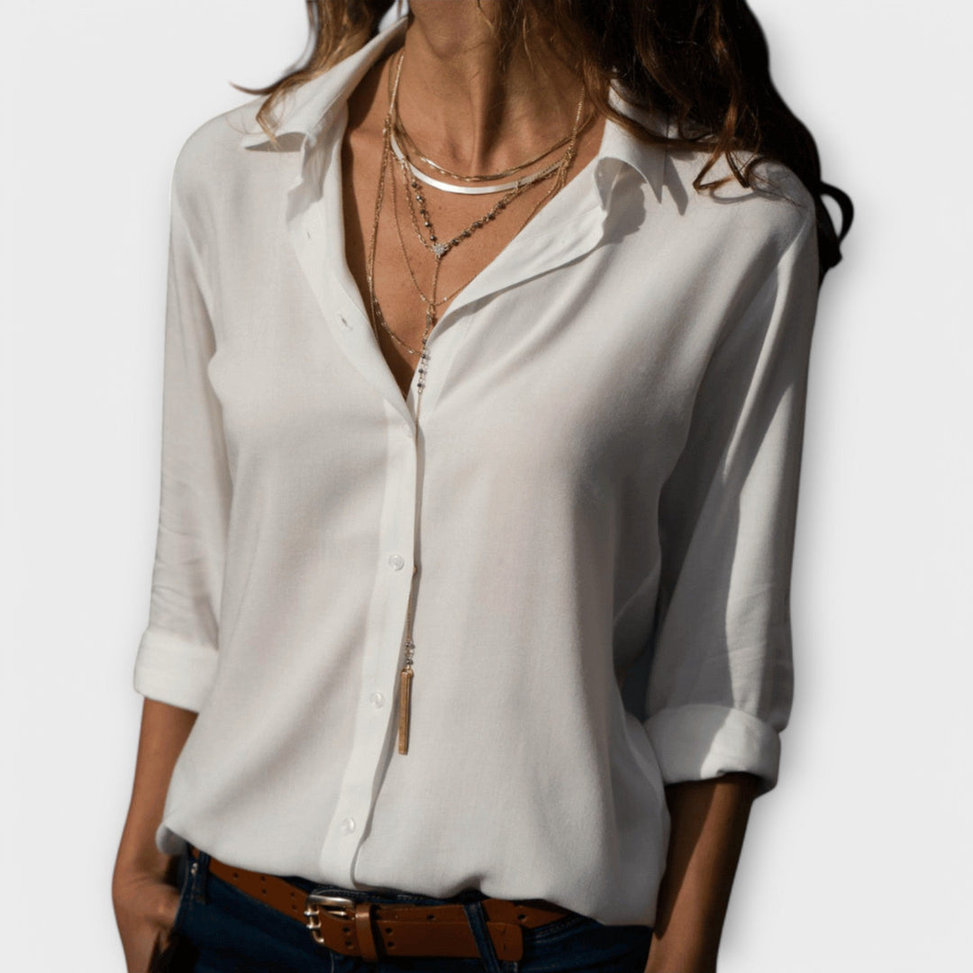 Adela | Women's Collared Long Sleeve Button Down Blouse - White - Image 1