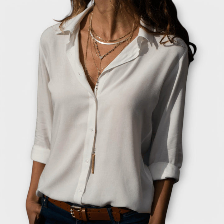 Adela | Women's Collared Long Sleeve Button Down Blouse - White - Image 1