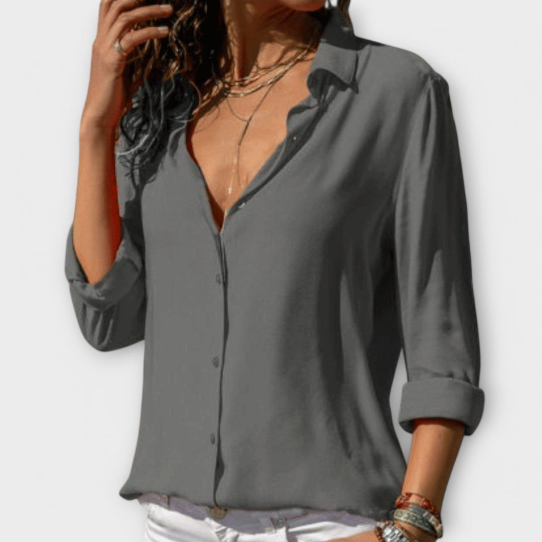 Adela | Women's Collared Long Sleeve Button Down Blouse - White - Image 3