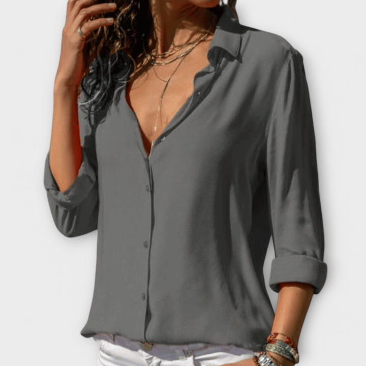 Adela | Women's Collared Long Sleeve Button Down Blouse - White - Image 3