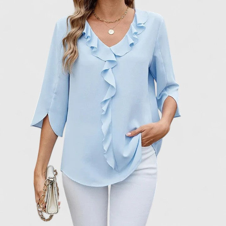 Adèle | Women's Ruffle Front V-Neck 3/4 Sleeve Blouse - Baby Blue - Image 1