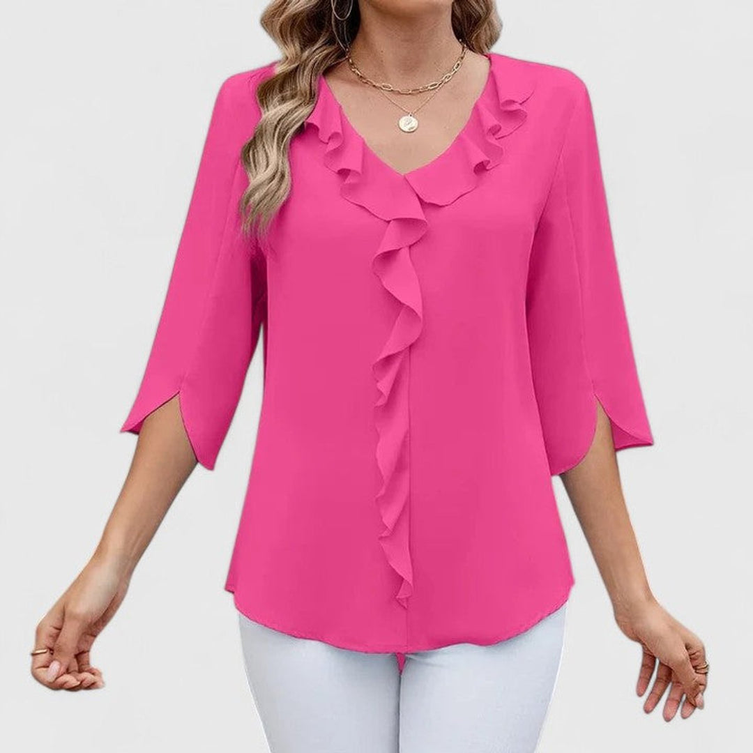 Adèle | Women's Ruffle Front V-Neck 3/4 Sleeve Blouse - Baby Blue - Image 10
