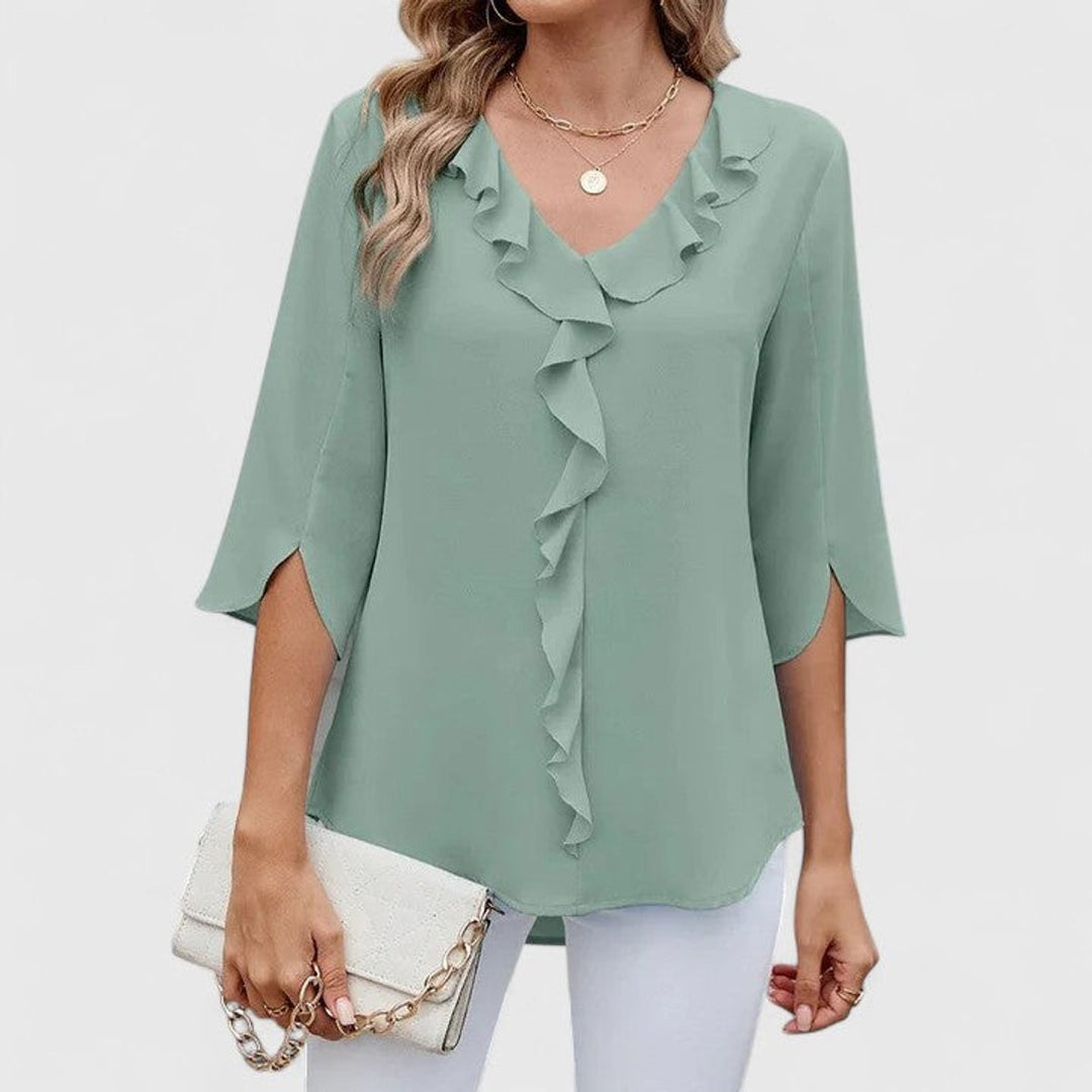Adèle | Women's Ruffle Front V-Neck 3/4 Sleeve Blouse - Baby Blue - Image 11
