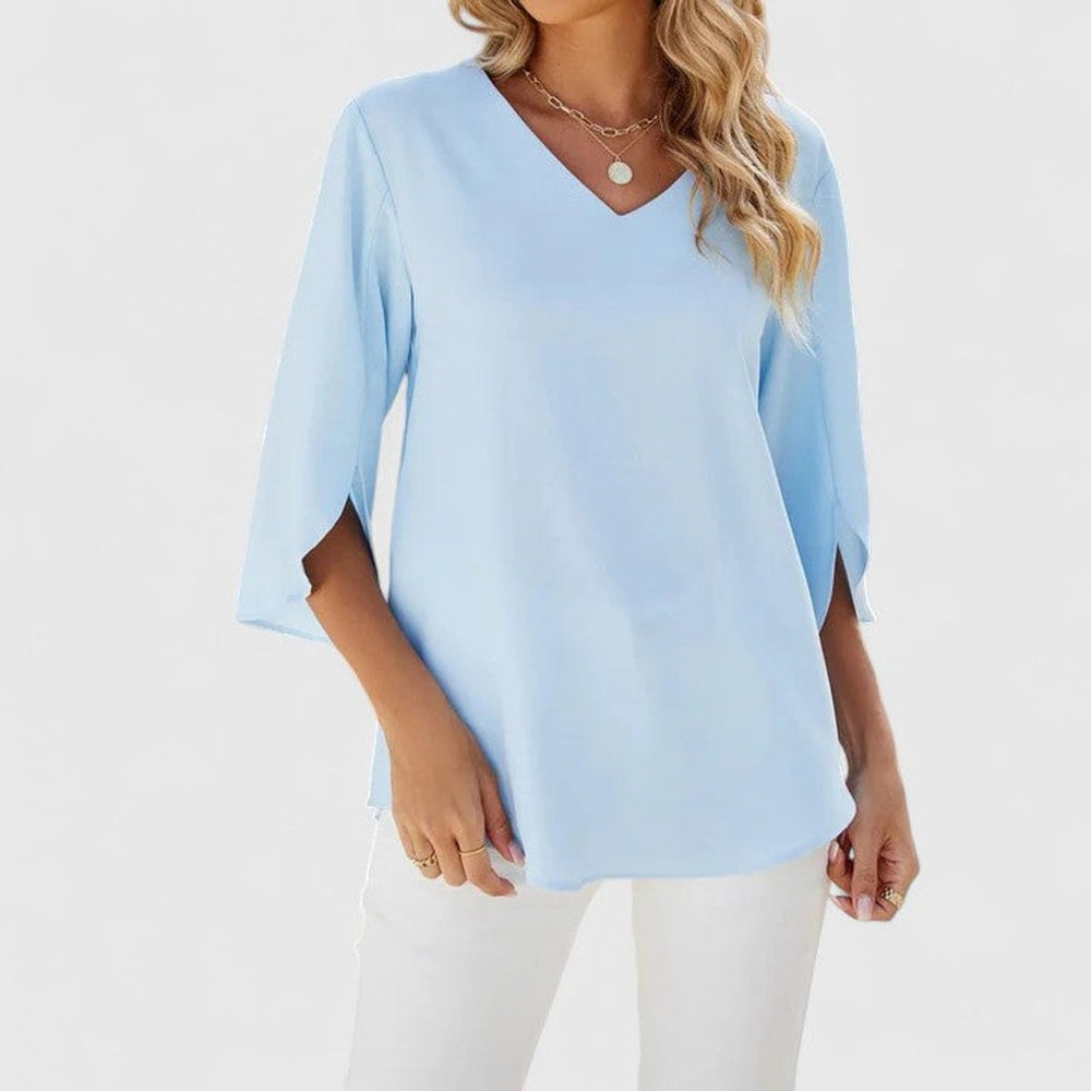 Adèle | Women's Ruffle Front V-Neck 3/4 Sleeve Blouse - Baby Blue - Image 2