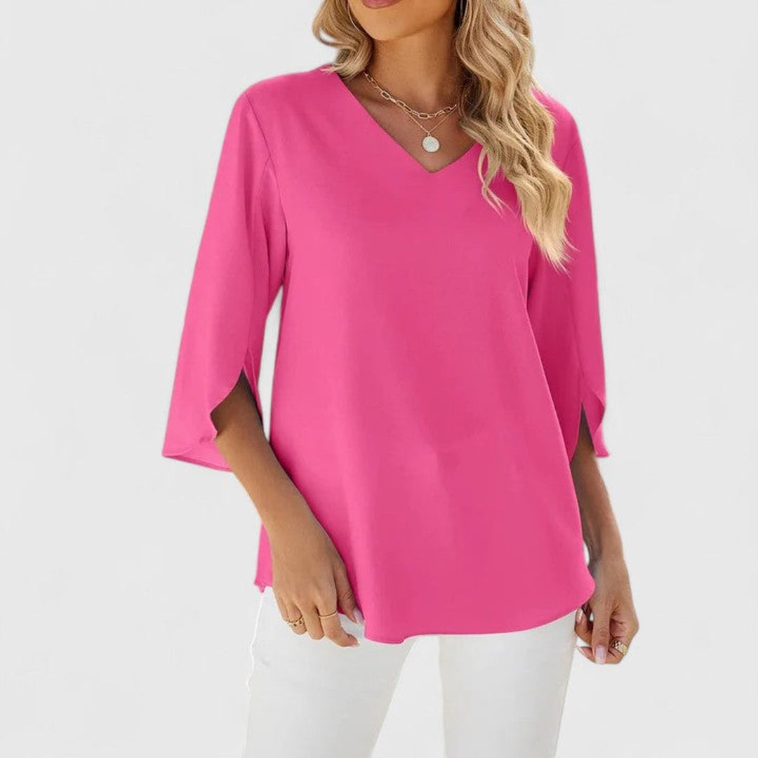 Adèle | Women's Ruffle Front V-Neck 3/4 Sleeve Blouse - Baby Blue - Image 3