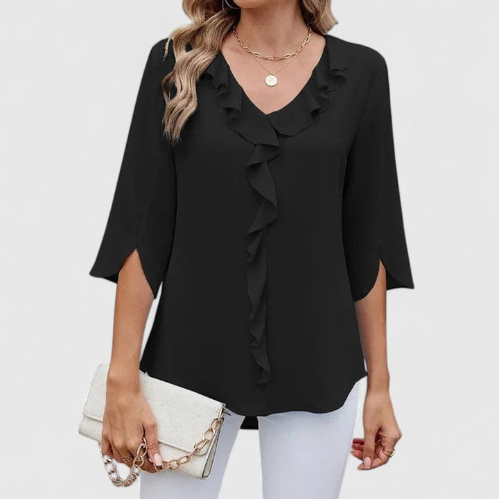 Adèle | Women's Ruffle Front V-Neck 3/4 Sleeve Blouse - Baby Blue - Image 4