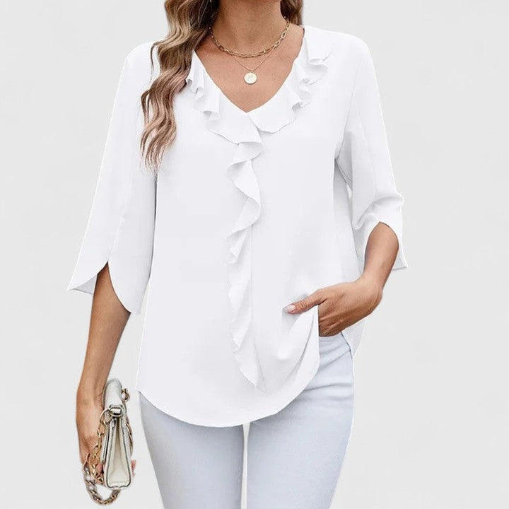 Adèle | Women's Ruffle Front V-Neck 3/4 Sleeve Blouse - Baby Blue - Image 5