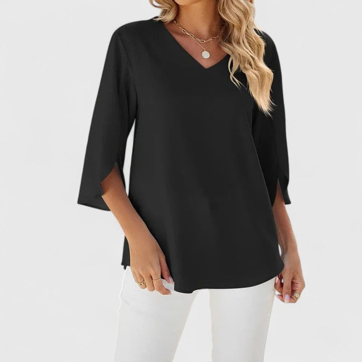 Adèle | Women's Ruffle Front V-Neck 3/4 Sleeve Blouse - Baby Blue - Image 6