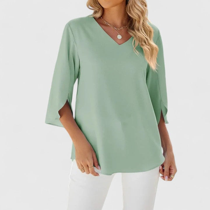 Adèle | Women's Ruffle Front V-Neck 3/4 Sleeve Blouse - Baby Blue - Image 7