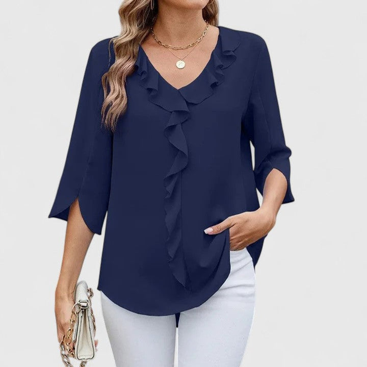 Adèle | Women's Ruffle Front V-Neck 3/4 Sleeve Blouse - Baby Blue - Image 8