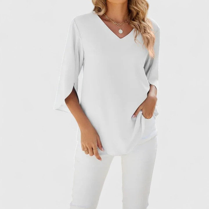Adèle | Women's Ruffle Front V-Neck 3/4 Sleeve Blouse - Baby Blue - Image 9