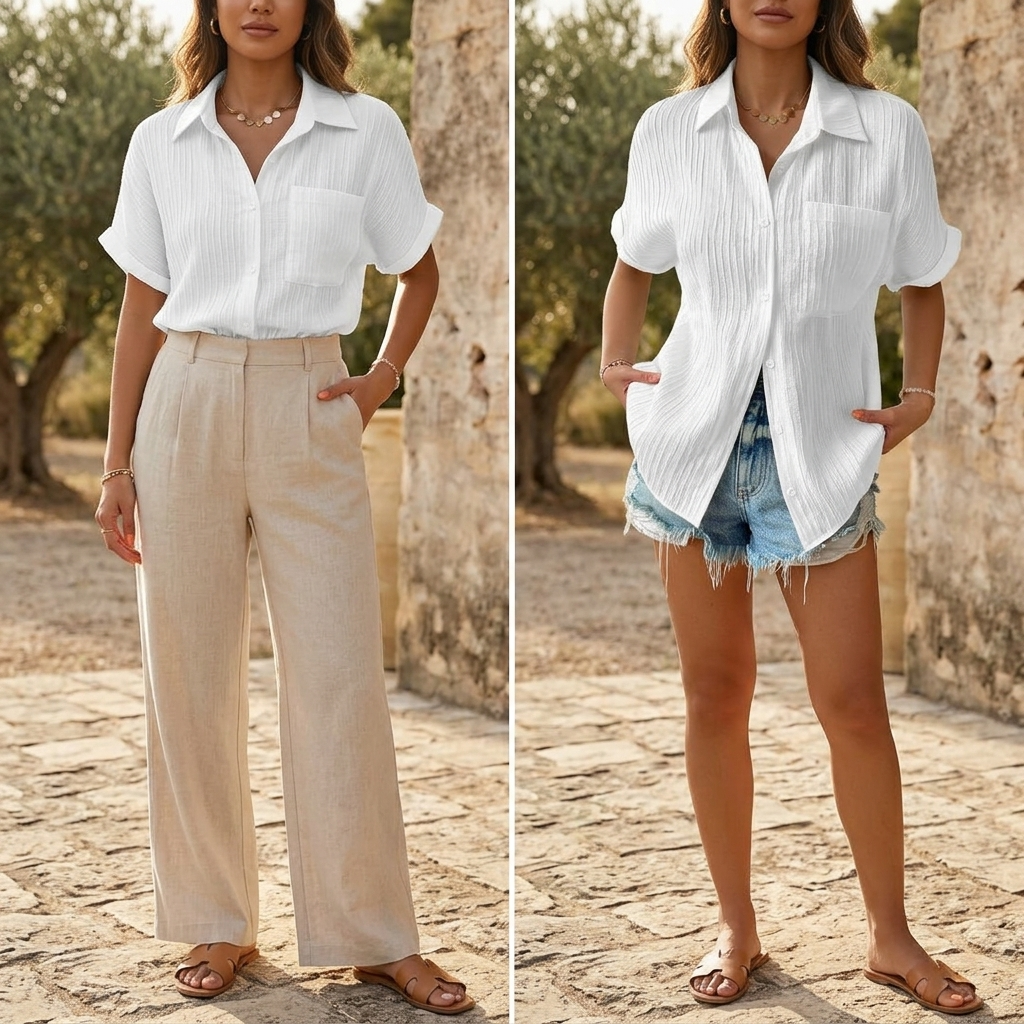 Aldara | Women's Relaxed Fit Crinkle Button-Down Blouse - White - Image 3