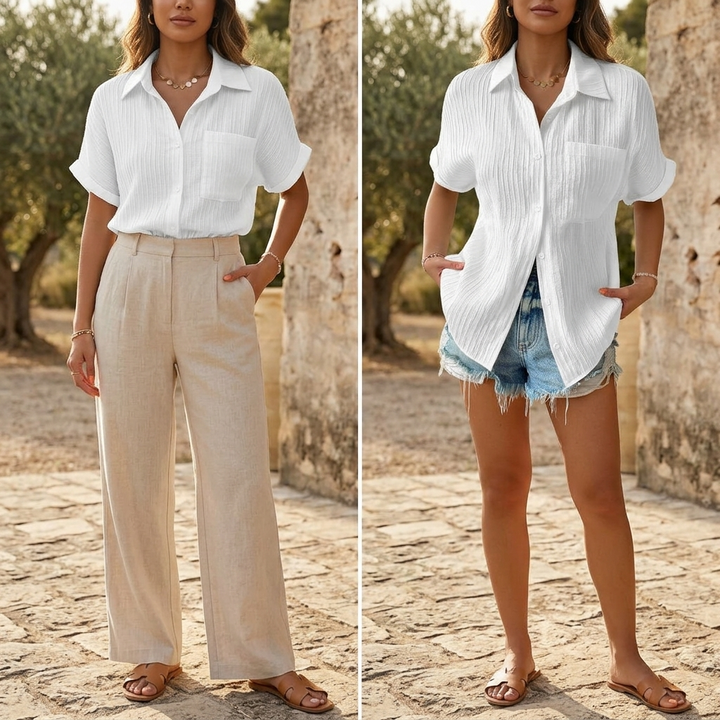Aldara | Women's Relaxed Fit Crinkle Button-Down Blouse - White - Image 3