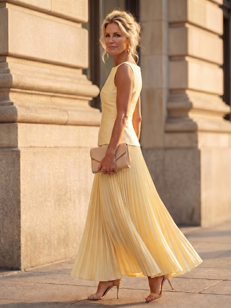 Aldene | Women's Pleated Skirt Two-Piece Set - Yellow - Image 2