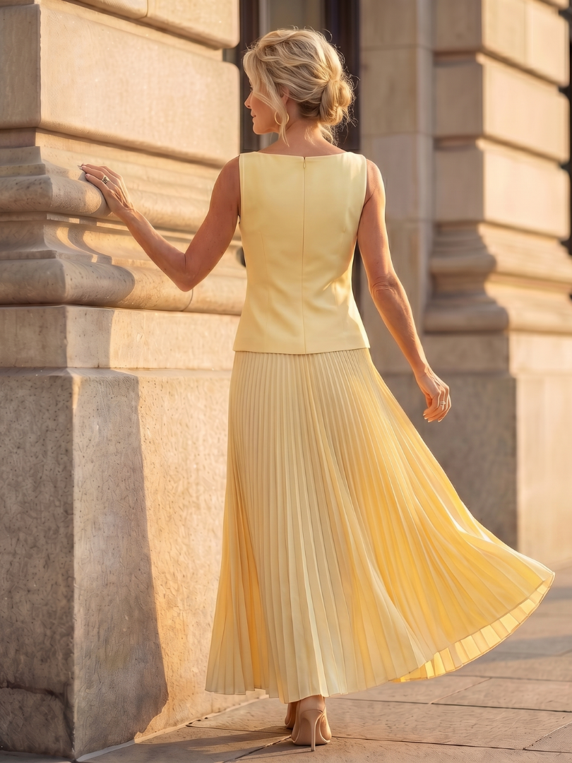 Aldene | Women's Pleated Skirt Two-Piece Set - Yellow - Image 4