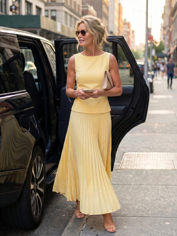 Aldene | Women's Pleated Skirt Two-Piece Set - Yellow - Image 5