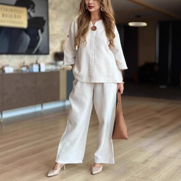 Aldora | Women's Tunic & Wide Leg Palazzo Pants Set - Cream - Image 1