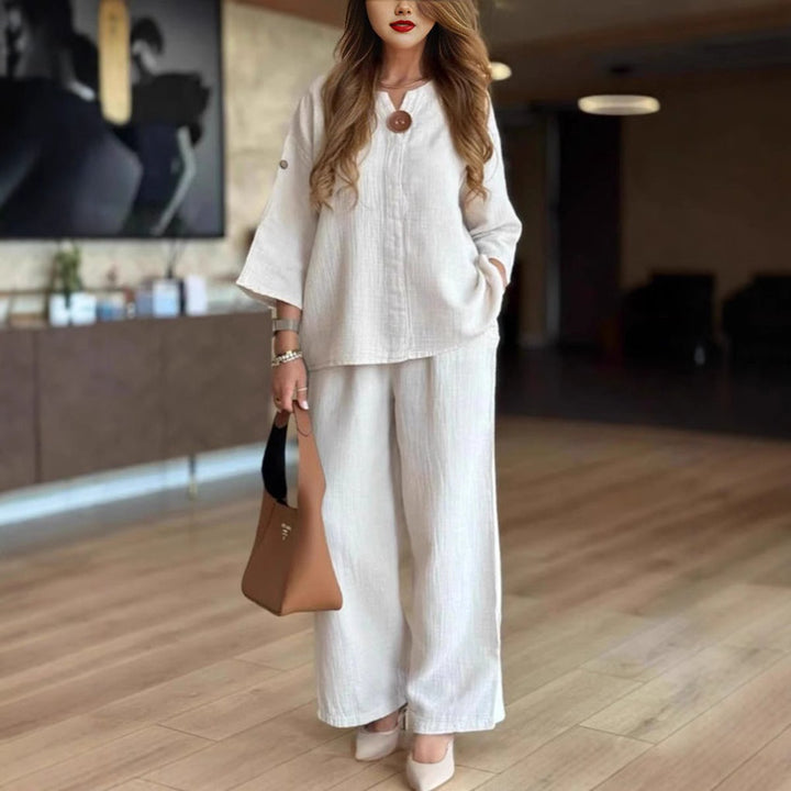 Aldora | Women's Tunic & Wide Leg Palazzo Pants Set - Cream - Image 2