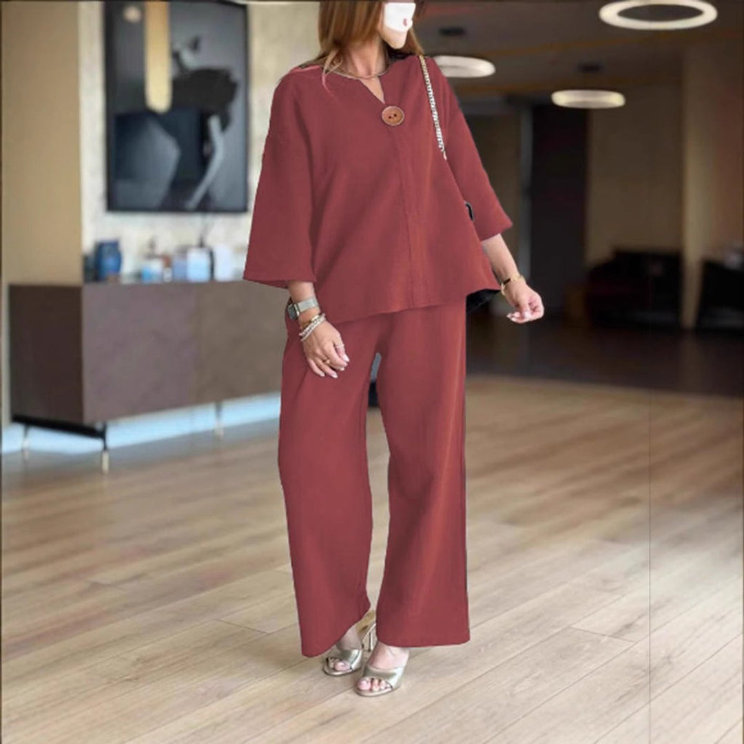 Aldora | Women's Tunic & Wide Leg Palazzo Pants Set - Cream - Image 3