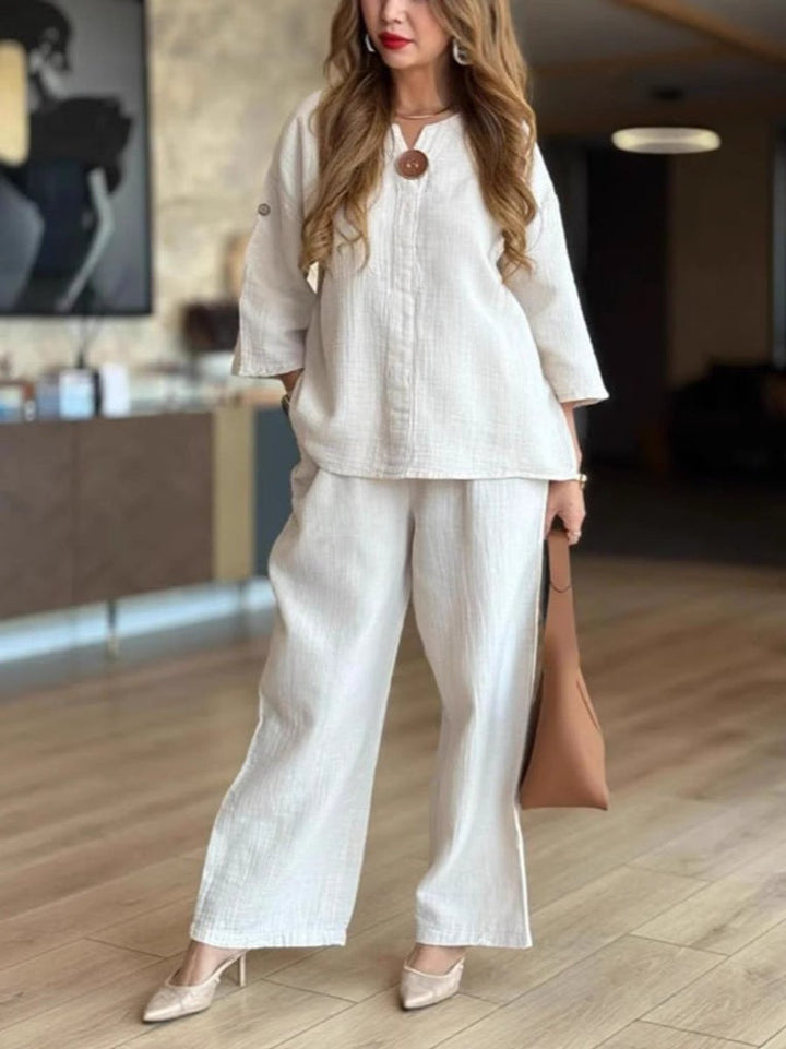 Aldora | Women's Tunic & Wide Leg Palazzo Pants Set - Cream - Image 6