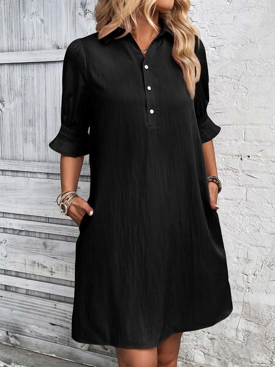 Aldoris | Women's Collared Shirt Dress Knee Length - Black - Image 1