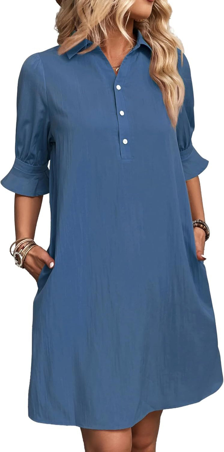 Aldoris | Women's Collared Shirt Dress Knee Length - Black - Image 10