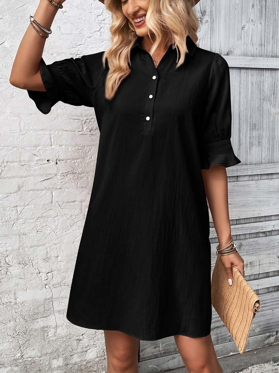 Aldoris | Women's Collared Shirt Dress Knee Length - Black - Image 2