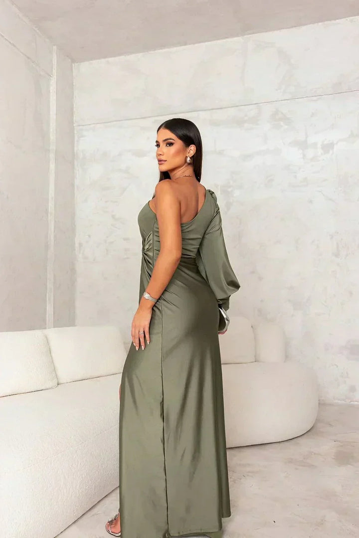 Aldoure | Women's One Shoulder Formal Maxi Dress - Olive Green - Image 11