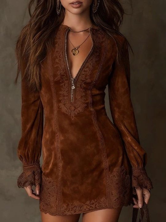 Aldowen | Women's Long Sleeve Lace Trim Mini Dress - Image 2