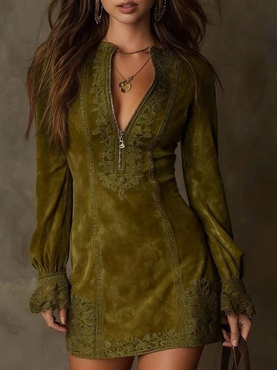 Aldowen | Women's Long Sleeve Lace Trim Mini Dress - Image 3