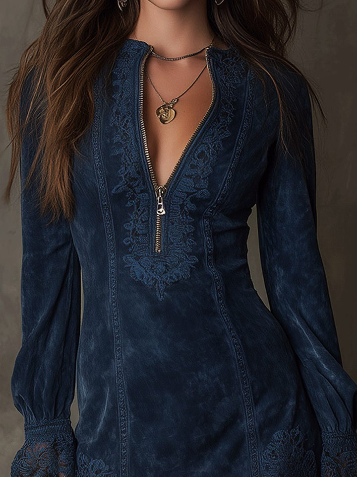 Aldowen | Women's Long Sleeve Lace Trim Mini Dress - Image 5
