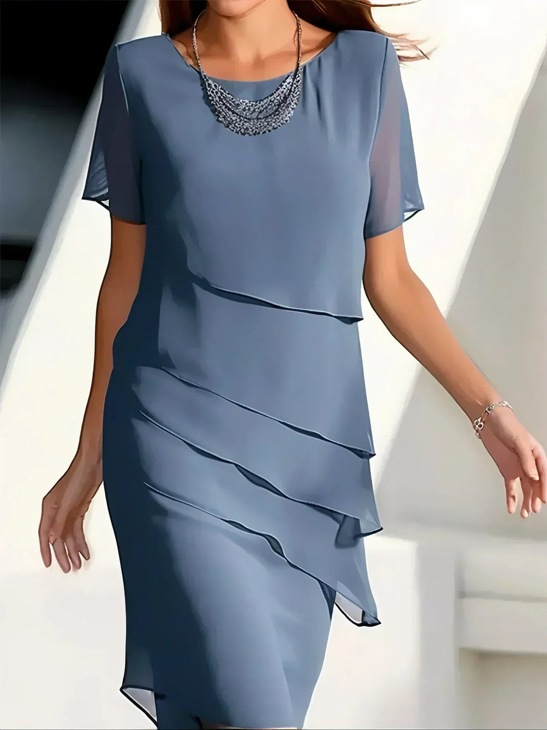 Aldrica | Women's Formal Midi Dress with Tiered Layers - Blue - Image 1