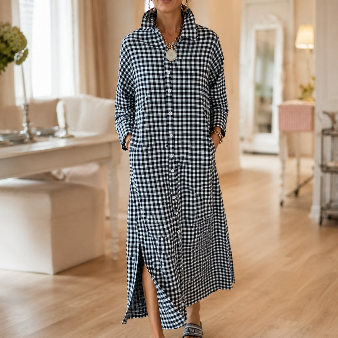 Aldwyn | Women's Gingham Maxi Shirt Dress - Black - Image 1