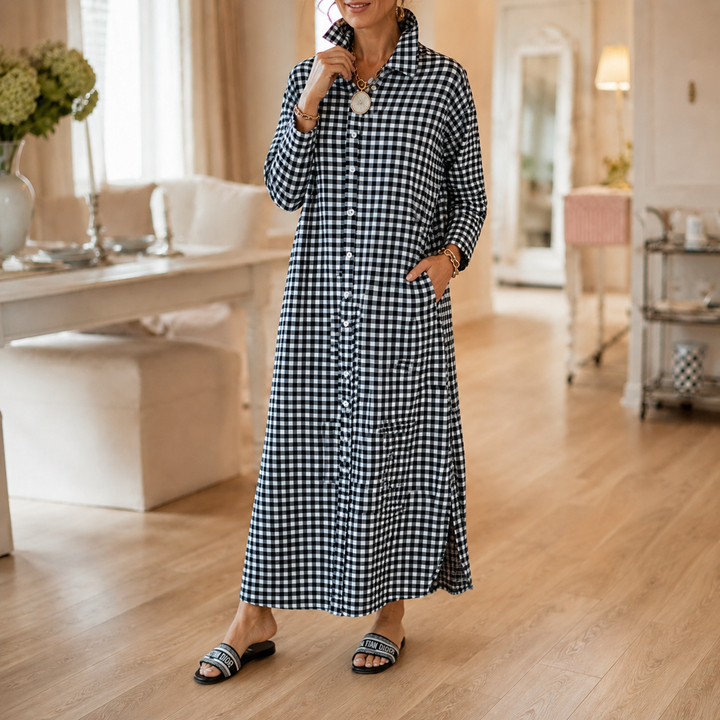 Aldwyn | Women's Gingham Maxi Shirt Dress - Black - Image 15