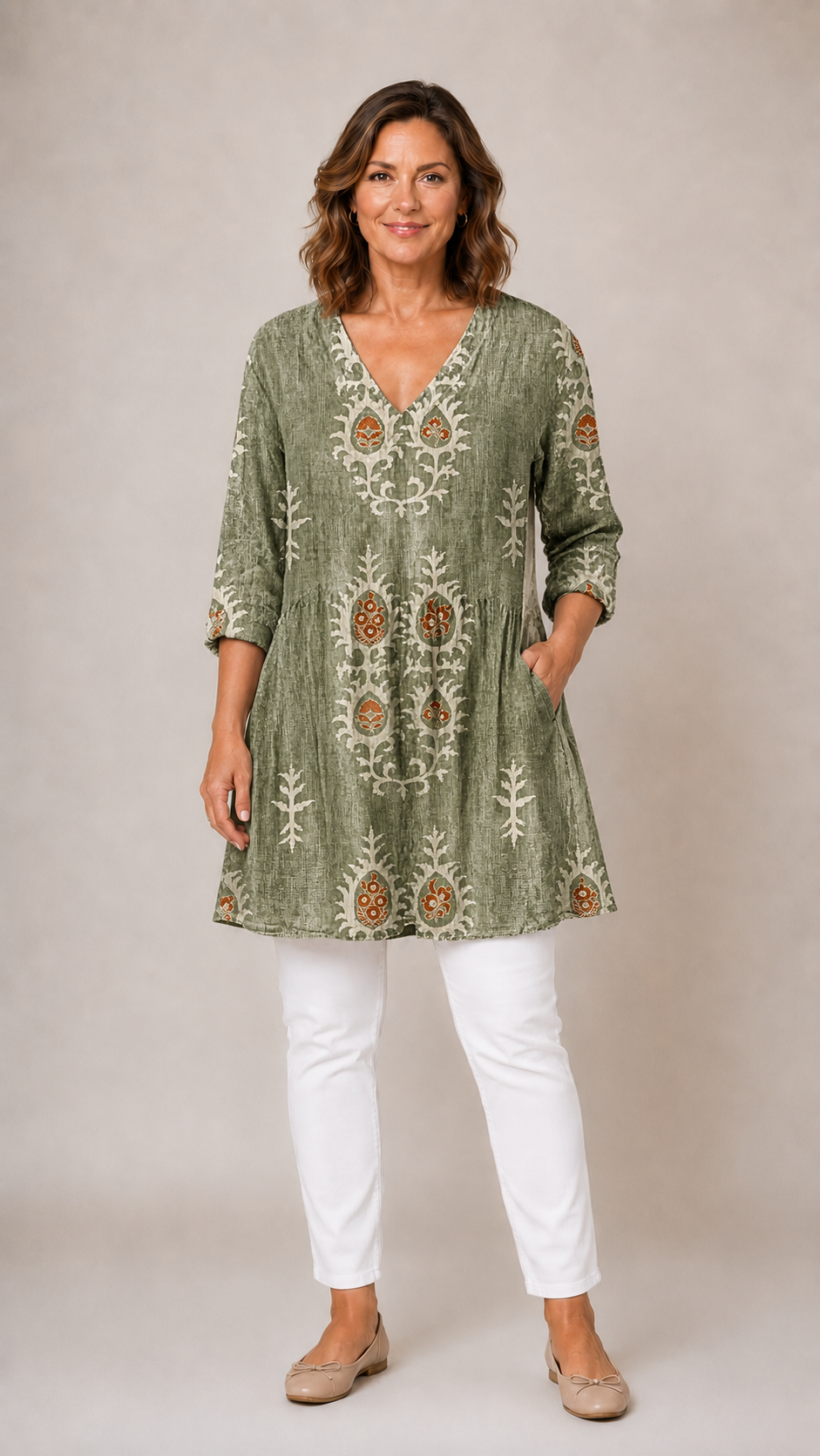 Aldwyn | Women's Linen Tunic Top Boho Print - Sage - Image 1